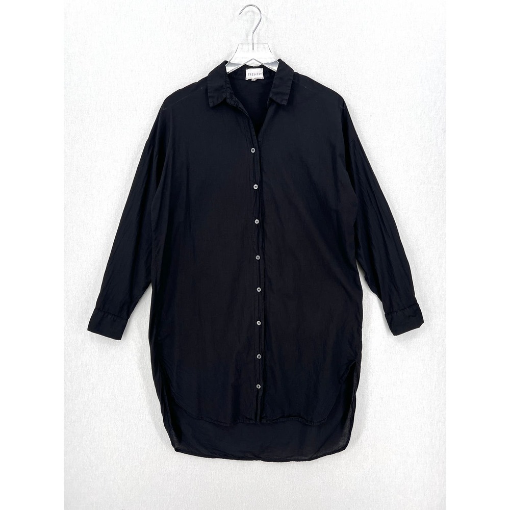 FELICITE Short Shirt Dress Womens 2 Black Cotton Voile Long Sleeve Button Up